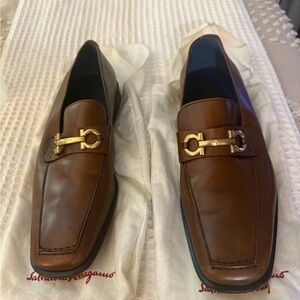 Salvatore Ferragamo Brown Leather Loafers with Gold Bit